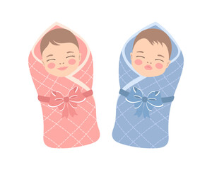 Cute baby girl and baby boy wrapped in a blanket. Adorable newborn twins in blue and pink blankets.