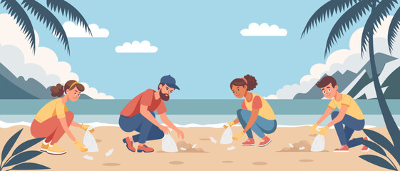 Volunteers collecting garbage on the beach. Volunteers cleaning up beach litter. Environment concept. Illustration.