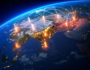 Illuminated globe showing connections between cities in the dark