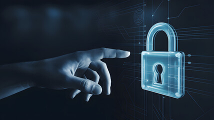 Hand reaching toward glowing digital padlock symbolizing secure access, encryption, and cybersecurity