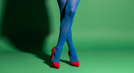 Creative fashion legs in blue tights and red high heels on green background. Stylish woman with crossed legs in opaque pantyhose