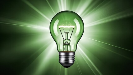 Green light bulb glowing brightly with radiant energy
