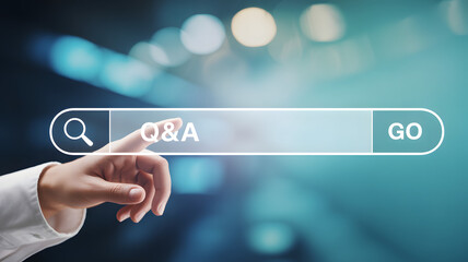 Hand tapping virtual Q&A search bar with magnifying glass and GO button symbolizing online information access