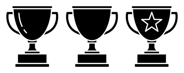 Trophy cup black line icon set. Trophy icons, cup, winner, victory, medal, award, first place, champion, hero, success, star, label, symbol, sign, emblem, logo, badge, web. Vector illustration.