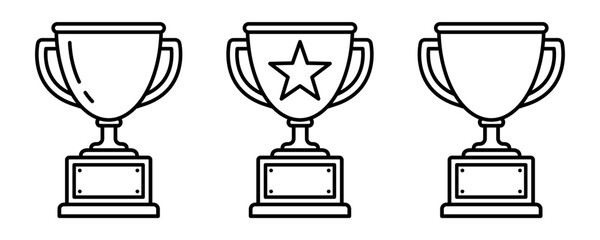 Trophy cup black line icon set. Trophy icons, cup, winner, victory, medal, award, first place, champion, hero, success, star, label, symbol, sign, emblem, logo, badge, web. Vector illustration.