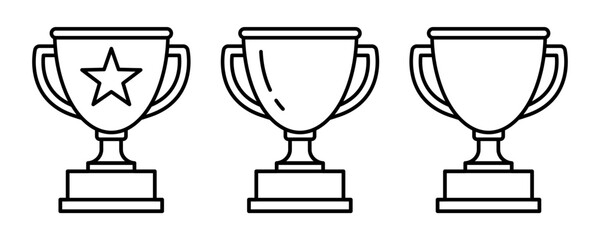 Trophy cup black line icon set. Trophy icons, cup, winner, victory, medal, award, first place, champion, hero, success, star, label, symbol, sign, emblem, logo, badge, web. Vector illustration.