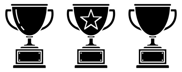 Trophy cup black line icon set. Trophy icons, cup, winner, victory, medal, award, first place, champion, hero, success, star, label, symbol, sign, emblem, logo, badge, web. Vector illustration.