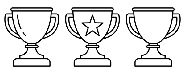 Trophy cup black line icon set. Trophy icons, cup, winner, victory, medal, award, first place, champion, hero, success, star, label, symbol, sign, emblem, logo, badge, web. Vector illustration.