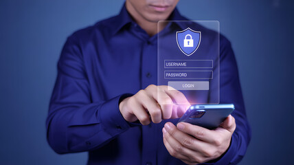 Secure mobile login interface with shield icon and padlock symbolizing user authentication and data protection