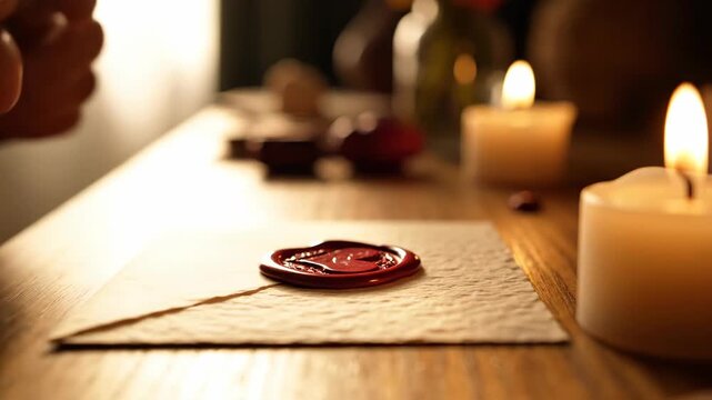 Hand sealing envelope with wax and stamp by candlelight