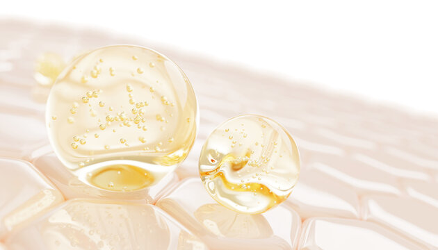 Golden gel serum drops on skin cells. Epidermis layer with gold moisture lotion or spa oil bubbles. Cosmetic beauty care product 3d bg. Collagen cream, hyaluron essence or liquid soap