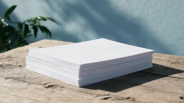 A stack of blank white paper sheets rests on a weathered wooden surface, lit by sunlight. A blue-grey backdrop with green foliage