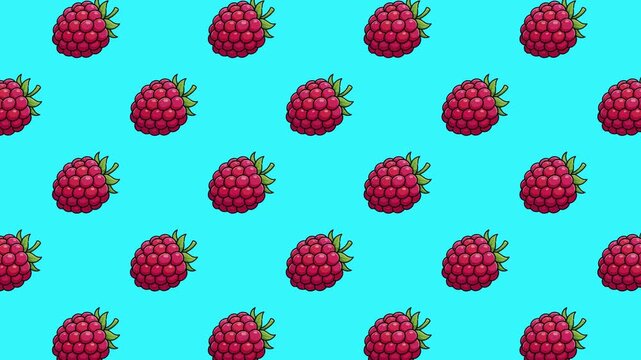 Vibrant seamless loop of cartoon raspberry patterns scrolling on a bright cyan background. High-quality 2D vector animation featuring summer berries