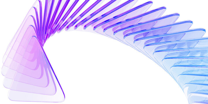 3d crystal holographic ribbon wave line of glass transparent triangle shapes render. Abstract digital tech background, data array with purple blue gradient and speed motion effect