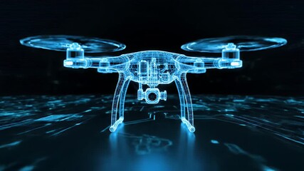 A futuristic drone design rendered in a blue wireframe style.
 - Powered by Adobe