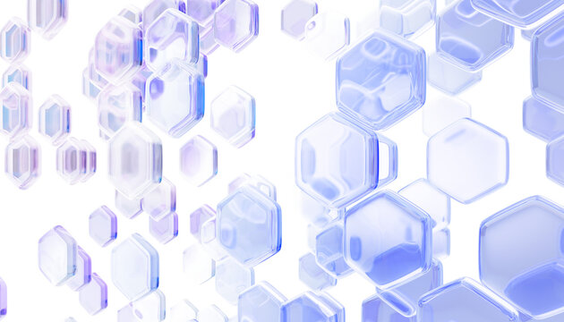 Blue glass medical and tech 3d background with hexagon pattern perspective. Abstract crystal light holographic bg with geometric honeycomb cell texture. Science and technology design