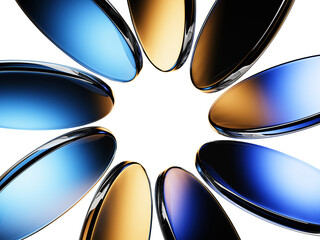 Neon glass round frame, geometric vibrant flower of transparent circle discs on black 3d background. Abstract crystal floral pattern with gold blue gradient and circular motion effect