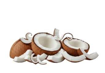 Pristine, freshly cracked coconut meat with rugged brown shell, creamy white pulp, delicate curls, on transparent background, soft high-key lighting, natural tropical health concept.