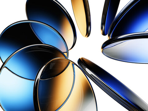 Abstract glass black 3d background with crystal round discs, neon blue gold gradient, circular motion effect. Futuristic technology, premium wallpaper with transparent plates or disks