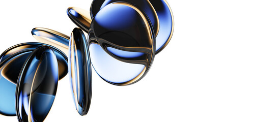 Fototapeta na wymiar Abstract black 3d background with neon glass circle discs, radiant blue gold gradient and circular motion effect. Holographic transparent round disks or lens. Futuristic tech banner