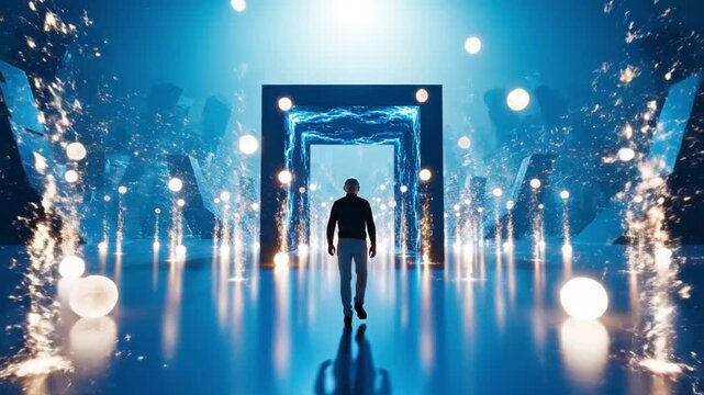 Solitary Figure Approaching a Luminous Blue Portal in a Futuristic Digital Landscape with Sparkling Lights and Abstract Elements, Symbolizing Gatew...