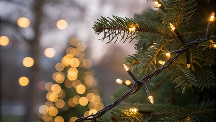 Close-up of glowing fairy lights wrapped around a Christmas tree branch. blurred golden bokeh in