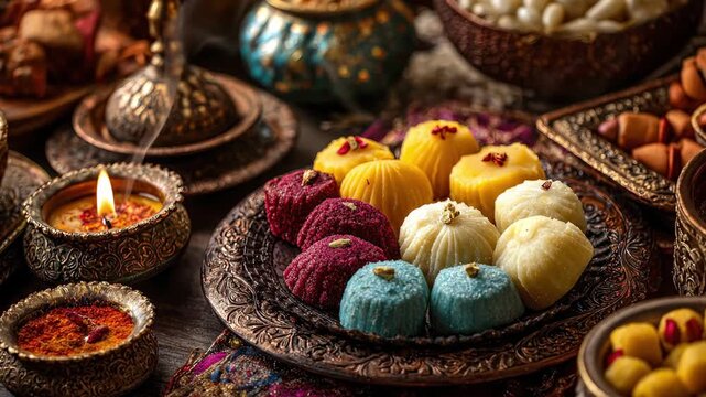 Traditional Indian Diwali sweets and Modak on ornate plate with lit diya lamp and incense smoke for Hindu festival celebration
