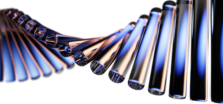 Abstract black 3d background with neon glass spiral effect of horizontal row of radiant cylindrical shapes. Holographic wave line pattern with blue brown gradient, technology design