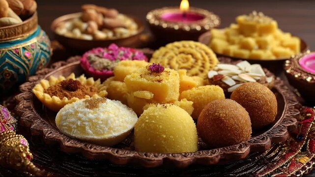 Traditional Indian sweets platter with diya lamps for Diwali festival celebration featuring laddu gulab jamun and barfi