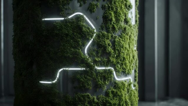 A cylindrical structure with vibrant green plant growth, accented by a glowing white linear element. The background is a muted gray