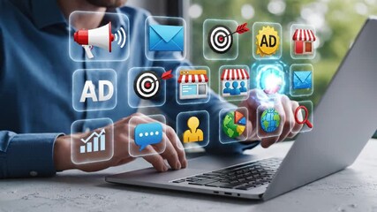 Digital Marketing Strategy & E-commerce: Person Interacting with Virtual Advertising, Social Media, and Business Icons on a Laptop - Powered by Adobe