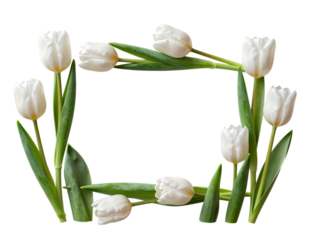 Flower frame with white tulips and green stems