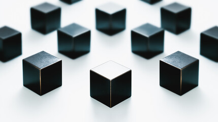 Dark minimalist cubes arranged in a geometric pattern on a white surface, representing technology and data structure