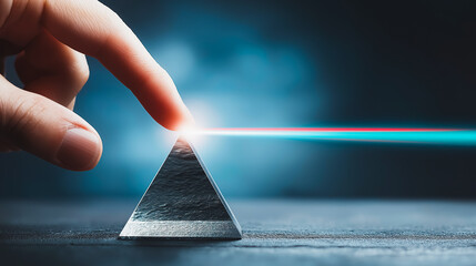 Finger Touching Prism Splitting Light Beam - Science and Technology Concept