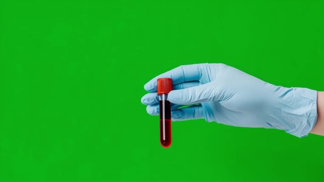 Hand of doctor holds a blood sample tube on green screen background. Blood, sample and hands in lab with scientist for medical research, genetic mapping and investigation. Science, doctor person and v