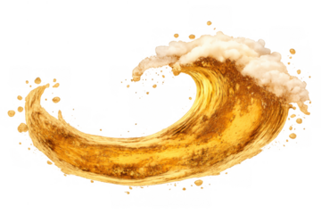 Golden beer splash wave creating a foamy crest, symbolizing refreshment and celebration, on transparent background
