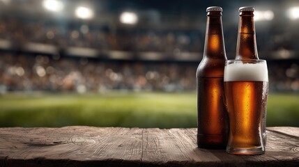 A refreshing celebration of success features cold beer bottles and a frothy pint on rustic wood against a blurred sports stadium crowd.
