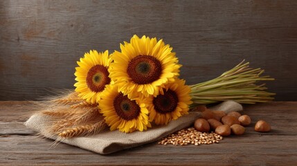 Vibrant Sunflowers and Assorted Grains on Rustic Wooden Background for Harvest Season Celebration or Agricultural Themed Projects
