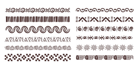 Obraz premium Set african tribal ethnic border, divider doodle hand drawn from geometrical shapes isolated. Boho motif scandinavian srtoke, traditional native decor.