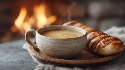 Cozy Winter Dining Concept Featuring Bowl of Warm Soup and Freshly Baked Bread by the Fire in an Inviting Atmosphere