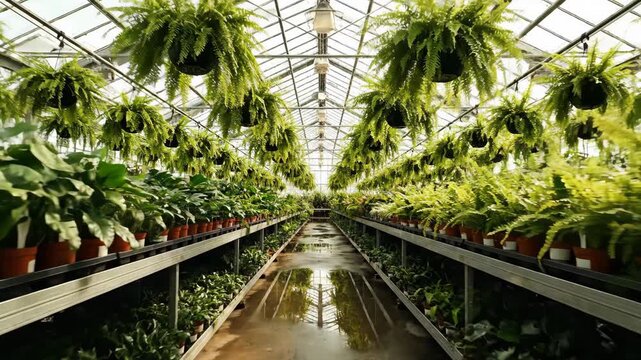Bright Greenhouse Interior View Featuring Rows of Potted Plants and Ferns Hanging from the Ceiling Creating a Verdant and Refreshing Ambiance With Natural Sunlight