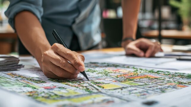 Medium shot of an urban planner analyzing AIgenerated zoning maps to strategically expand residential neighborhoods for balanced city growth.