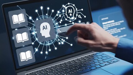 Human Hand Interacting with AI Learning Interface on Laptop, Visualizing Machine Learning, Data Processing, and Knowledge Acquisition Technology - Powered by Adobe