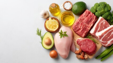 Fresh Keto Ingredients Selection: Meats, Oils, Vegetables, and More for Healthy Low-Carb Cooking and Meal Preparation