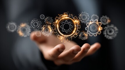 Businessman holding digital gear interface hologram