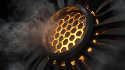 Futuristic orange energy core with hexagonal grid and smoke