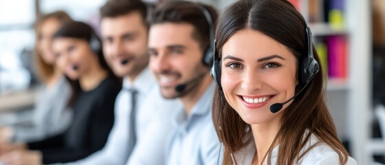 Smiling customer support team with headsets in modern office