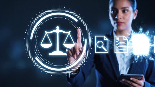 Female Legal Professional Interacting with Digital Justice Scales and Legal Documents Interface, Representing Modern Law, Technology, and Data Mana...