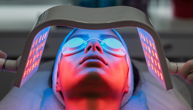 Red light LED facial therapy treatment in beauty clinic