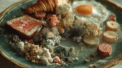 Moldy leftover beef steak with fungal growth on plate, food waste and overconsumption concept